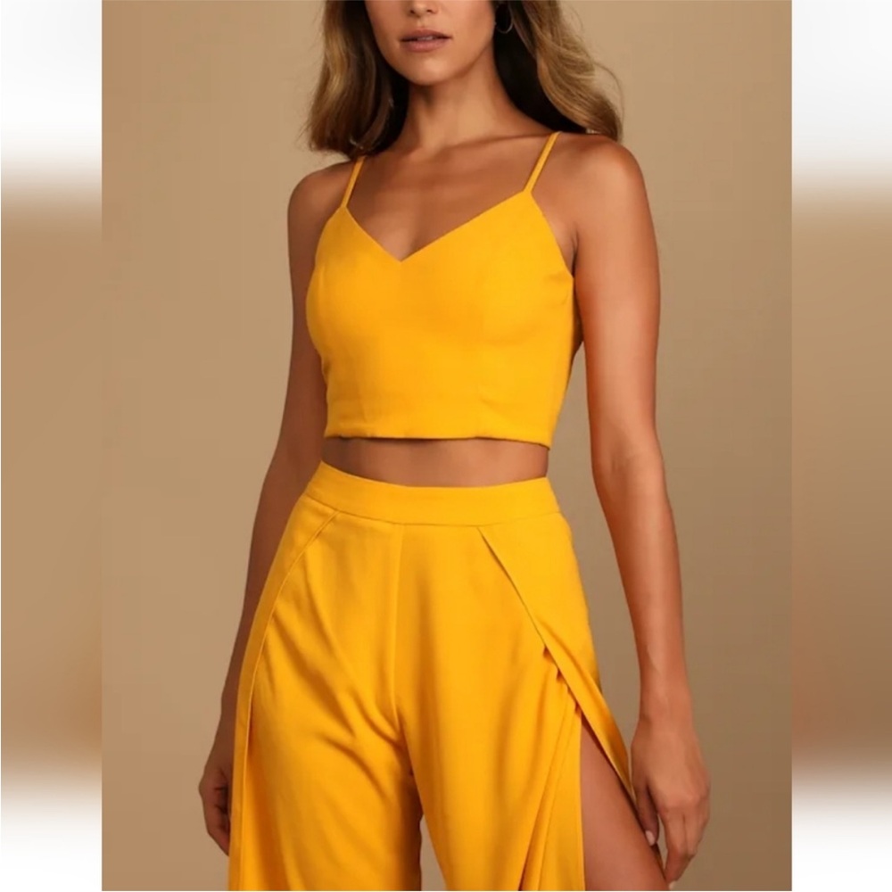 NWT Lulus Out Tonight Mustard Yellow Wide Leg Two Piece Set Size XXL - Picture 2 of 6